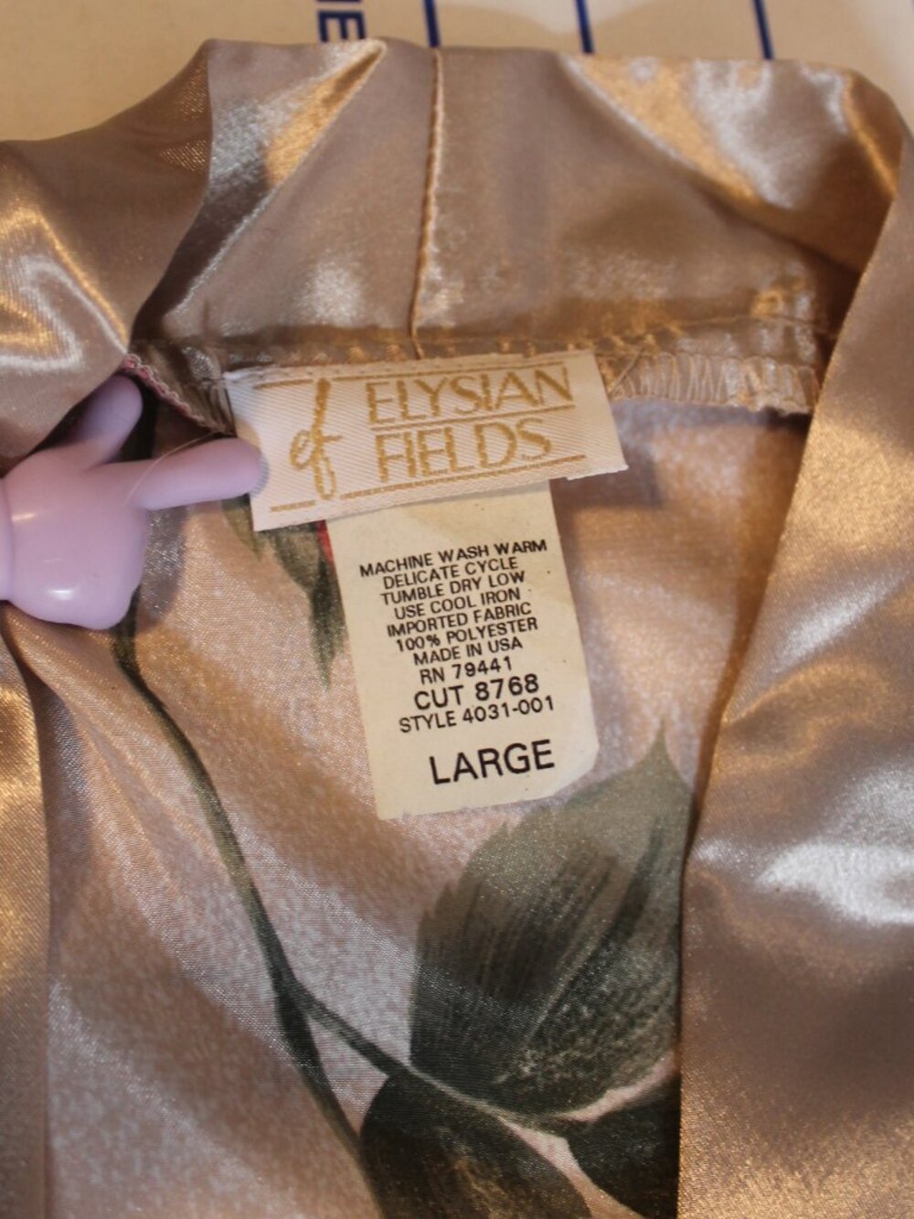 Vintage 90s Elysian Fields Taupe Robe Cabbage Rose NWT Deadstock Large - Picture 5 of 9